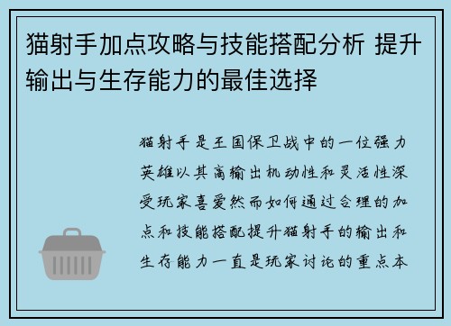 猫射手加点攻略与技能搭配分析 提升输出与生存能力的最佳选择